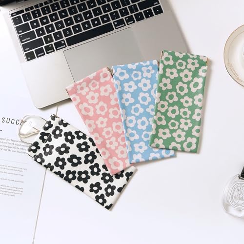 Glasses Case Soft, Eyeglass Cases for Women Portable Squeeze Top PU Leather 2 Pack Glasses Pouch with Cleaning Cloth - color: 2pcs Black Flowers+green Flowers