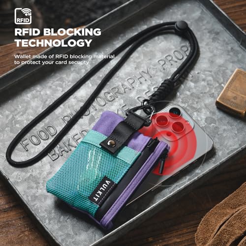 VULKIT Small Minimalist Wallet for Women RFID Blocking, Zipper Coin Pouch with ID Window and Keychain, Water Resistant Travel Lanyard Wallet AauaGreen Purple - color: Aauagree Purple