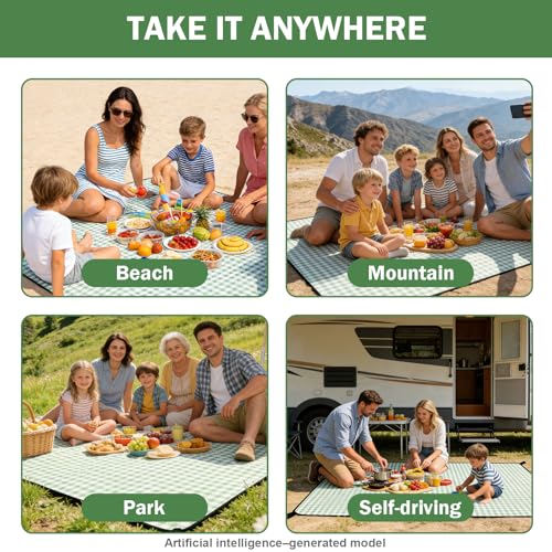 Extral Large Outdoor Waterproof Picnic Blanket With Shoulder Strap, 80"X80" 3-Layer Windproof Foldable Picnic Mat with Corner Nails, Machine Washable, Camping, Lawn Park Grass, Travel, Beach, Green
