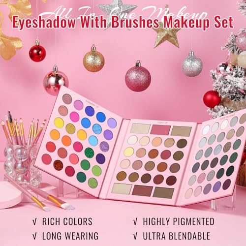 UCANBE Eyeshadow Palette with 15Pcs Brushes Makeup Set, Pigmented 86 Colots Make Up Pallet Gift Sets, Matte Shimmer Metallic Eye Shadow Highlighter Contour Blush Powder Christmas Valebtines Beauty Kit - color: Palette D + Pink Brush
