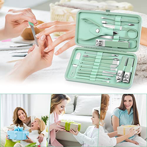 Teamkio 18pcs Manicure Set Pedicure Nail Clippers Set Travel Hygiene Kit Stainless Steel Professional Cutter Care Set Scissor Tweezers Knife Ear Pick Tools Grooming Kits with Leather Case - color: Green