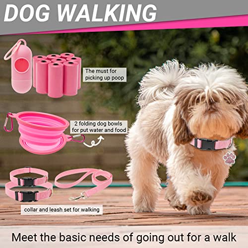 FLYSTAR Puppy Starter Kit for Small Dogs, 26 pcs Dog Supplies, Dog Toys, Collar & Leash, Training Clicker, Treat Bag, Poop Waste Bag with Dispenser, Blanket, Grooming Glove, Bowls, Toothbrush, etc - color: Pink, size: 26 pcs