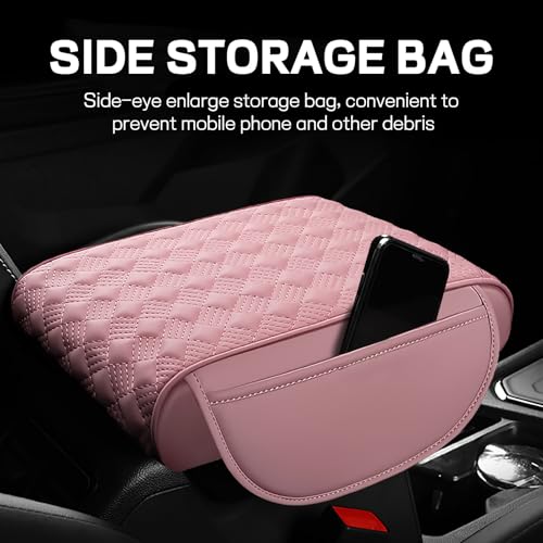 Car Armrest Cushion, 12.2"×8.3" Leather Auto Memory Foam Center Console Pad with Storage Pocket, Waterproof & Anti-Scratch Elbow Pillow Armrest Seat Box Protector, Universal Fit (Pink) - color: Pink