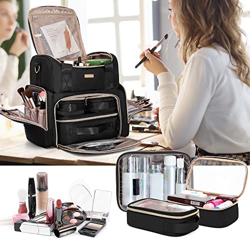 Large Cosmetic Bag with 3 Removable Case, Double Layer Travel Organizer with Inner Dividers and Makeup Brushes Storage Section, Black (Patented Design) - color: Black