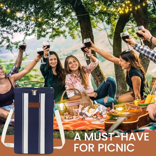 BLUBYEES 2-Bottle Insulated Wine Carrier Tote - Leakproof Padded 900D Oxford Wine Cooler Bag for Travel, Picnics, Beach & Parties - Ideal Wine Gift for Wine Lovers - color: Prussian Blue
