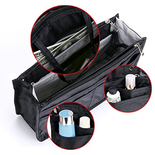 BTSKY Printing Handbag Organizers Inside Purse Insert - High Capacity 13 Pockets Bag Tote Organizer with Handle (Black) - color: Black