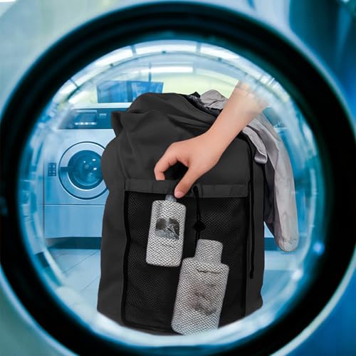 Laundry Bag Backpack, Large Travel Laundry Bags with Shoulder Straps & Mesh Pocket Durable Polyster Clothes Hamper Bag for College Laundromat Apartment (Black, Large) - color: Black, size: Large