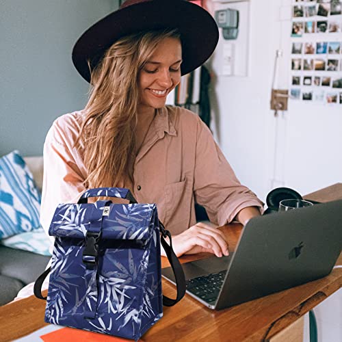 SUNNY BIRD Insulated Lunch Bag Rolltop Lunch Box Tote Bag for Women, Men, Adults and Teens (Blue Bamboo) - color: Blue Bamboo
