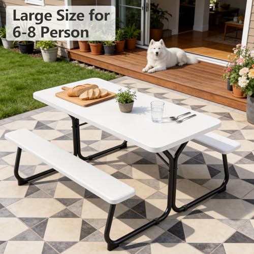 Picnic Table, 6 FT Outdoor Picnic Table with Benches for 8 People, Heavy Duty Picnic Bench Set with Steel Frame, 600LBS Capacity, Patio Dining Table Set for Backyard, Park, Garden, School
