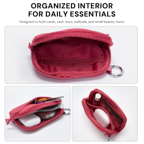 Small Nylon Wristlet Wallet for Women Minimalist Zip Keychain Coin Purse Card Case with Clear ID Window Water-Resistant Pouch - color: Raspberry