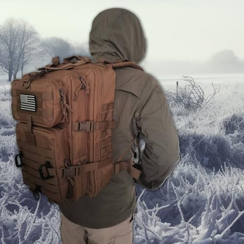 Hannibal Tactical MOLLE Assault Backpack, Tactical Backpack Military Army Camping Rucksack, 3-Day Pack Trip w/USA Flag Patch, D-Rings, Dark Brown - color: Dark Brown