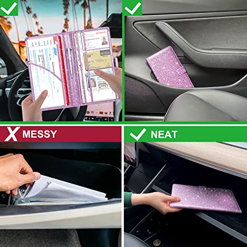 RSAquar Car Registration and Insurance Holder, Vehicle Car Glove Box Organizer, Cool Car Accessories for ID, Driver License Cards & Essential Document, Men&Women, Purple Glitter - color: Glitter Purple