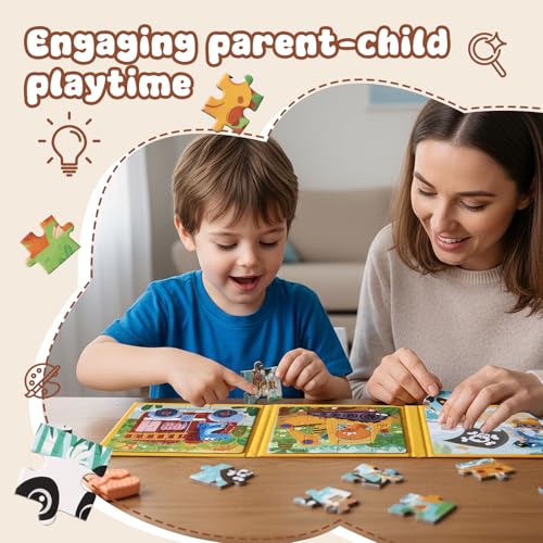 Magnetic Puzzles Super Set for Kids, 6 in 1 Montessori Learning Toys with 100 Pieces, Travel Activities for Toddlers Age 3-5, Preschool Puzzle Game Bundle with Animals, Pirate Ship, Fire Truck - color: Yellow & Green