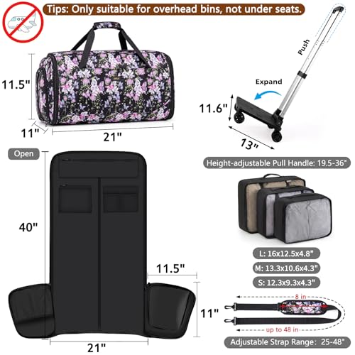 Rolling Garment Bags for Travel - Carry on Convertible Garment Duffle Bags with Wheels for Men Women, 4 in 1 Large Travel Duffel Bags with Shoes Compartment Hanging Suit Dress Weekender Bag 4pcs Set - color: Purple Black