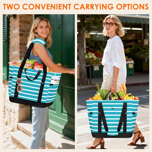 Cooler Bag Insulated, Soft Side Cooler, Reusable Grocery Bags with Zipper Closure, Thermal Leakproof Large Insulated Tote Bag for Hot/Cold Food for Grocery, Beach, Travel, Picnic - color: Lake Blue and White