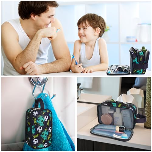 Kids Toiletry Bag for Boys, Travel Toiletry Bag for Little Young Boys Waterproof Hanging Wash Bag Toddler Traveling Toiletries, Soccer Balls Black - color: Black Soccer