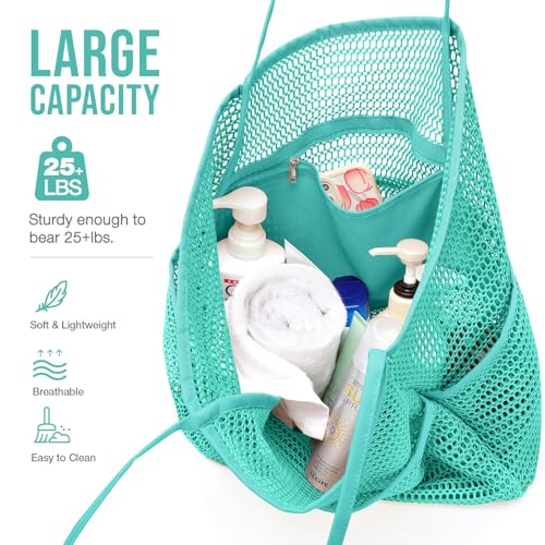 KPX Beach Bag with Mini Pocket, Summer Beach Tote Bags for Women Large Foldable Mesh Swimming Pool Travel Bags - Sandproof - color: Teal