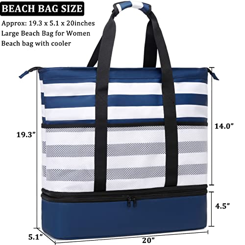 JIANYA Beach Bag Women Waterproof Sandproof Beach Tote Bags with Cooler Top Zipper Large Totes for Pool Travel Daily - color: Grey Stripes