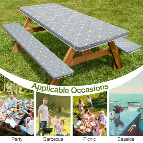 Picnic Table Cover with Bench Covers 6FT 3 Pcs Waterproof Windproof Aesthetic Camping Tablecloth with Drawstring Bag, Fitted for 6 Foot Rectangle Tables and Seats, 72 inch, Grey - color: Grey