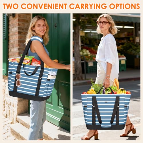 Cooler Bag Insulated, Soft Side Cooler, Reusable Grocery Bags with Zipper Closure, Thermal Leakproof Large Insulated Tote Bag for Hot/Cold Food for Grocery, Beach, Travel, Picnic - color: Gray Blue and White