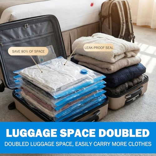 12Pcs Vacuum Travel Bags with Pump, Space Saver Bags for Clothes, Bedding & Travel, 4 Medium/Large/Extra Large Compression Bag Space Saver