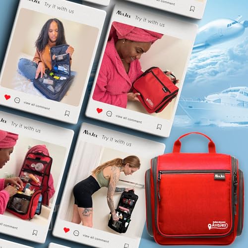 Travel Toiletry Bag for Men and Women - Large Hanging Toiletry Organizer - Waterproof Hygiene Bag with Metal XXL Swivel Hook, with Sturdy Zippers and 19 Compartments for Toiletries, Makeup, Cosmetics - color: L Crimson Red