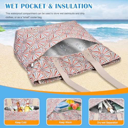 HUANLANG Large Beach Bags for Women Pool Bag with Zipper, Waterproof Sandproof Beach Tote Travel Bag with Wet Pocket - color: White Floral