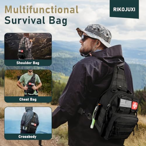 Survival Kit, 262Pcs Survival Gear and Supplies with First Aid Kit Pouch and Crossbody Bag, Emergency Kit with Tent, Camping Axe Hammer, Survival Shovel w/Pick, Bug Out Bag Gifts for Men Women - color: Black