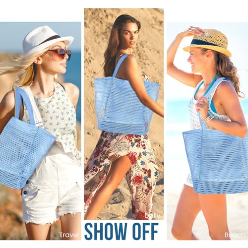 HOHOM Beach Bags for Women, Summer Travel Mesh Tote Bag with Large Inner Pocket, Sandproof Woven Shoulder Handbag - color: Harbor Blue