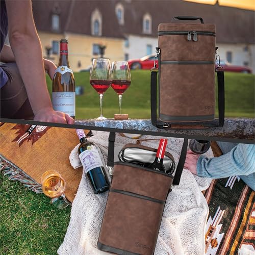 opux 2 Bottle Wine Carrier Tote, Insulated Leakproof Wine Cooler Bag, Wine Travel Bag for Picnic BYOB Beach, Portable Wine Bottle Carrying Case, Gift for Wine Lover Women Men Christmas, Brown Leather - color: Rustic Brown