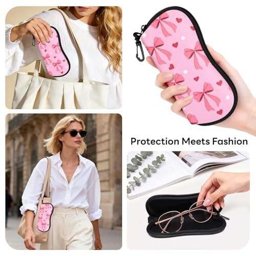 Sunglasses Case with Belt Clip, Ultra Light Neoprene Zipper Soft Padded Glasses Case for Women Men - color: Pink Bow