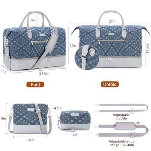 ITIEZY Weekender Overnight Bag for Women - Large Travel Duffel Bag with Shoe Compartment, Gym Duffel Bag Hospital Bag Carry On Tote Bags for Airplanes with Crossbody Bag Toiletry Bag 3Pcs Set - color: 8a-Light blue