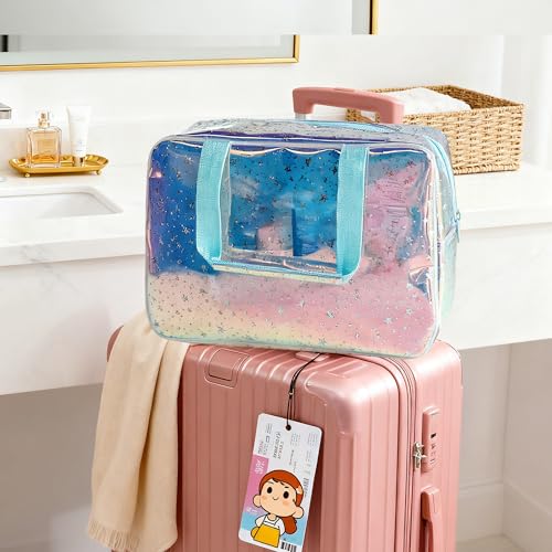 Holographic Purple Star Large Cosmetic Bag and Travel Pouch with Handle,Durable Material,Zipper Design-Ideal for Makeup,Travel Essentials (Purple Handle) - color: Purple Handle