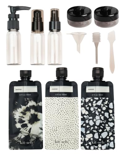 Kitsch 11 PCS Travel Containers for Toiletries – Travel Essentials Kit for Shampoo, & More - TSA Approved Bottles for Travel Size Toiletries, Leak-Proof Refillable Travel Containers - Black & Ivory