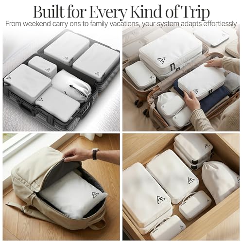 Well Traveled 8 pcs Compression Packing Bags Cubes Set with HybridMax Double-Capacity Design - Packing Cubes for Travel Compression to Maximize Limited Luggage Space, White - color: White, size: 8-piece