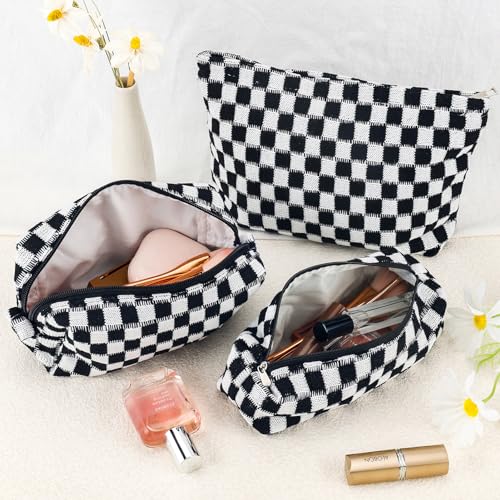 ZLFSRQ 3Pcs Checkered Makeup Bag for Women Large Small Checkered Cosmetic Bag Set Aesthetic Preppy Pencil Case Cute Pencil Pouch Black Makeup Pouch for Purse Travel Toiletry Bags Zipper Skincare Bags - color: B-Checkered 3Pcs Mix Black