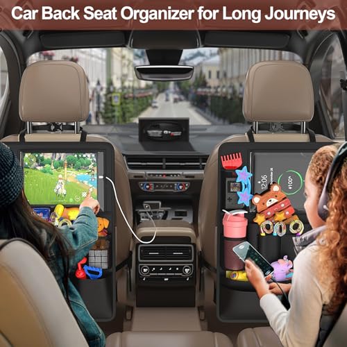 Backseat Car Organizer with Touch Screen,Kick Mats Back Seat Protector with 10 Storage Pockets,Car Seat Back Organizers Storage for Snacks Drinks Toy Umbrellas for Kids Road Trip - style: 1PACK-Black