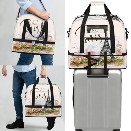 Paris Eiffel Tower Foldable Travel Duffel Bag, Expandable Sports Gym Bag with Shoes Compartment Weekender Overnight Totes Bags for Women Men - color: Paris Eiffel Tower