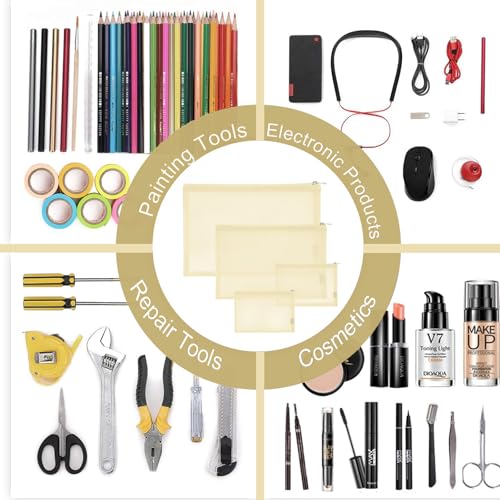 EASYFUN Mesh Pouch, Make up Bag with Zipper Cosmetic Organizer Pouch for Daily or Travel to Keep Small Items, 4 PCS Champagne - color: Champagne