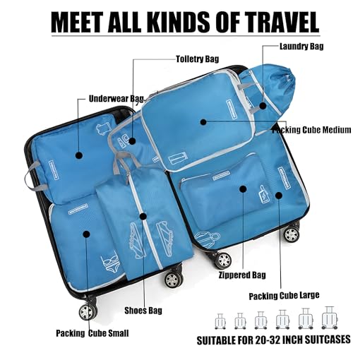 8 Set Expandable Compression Packing Cubes for Suitcases Travel Essentials Carry On Waterproof Storage Bag With Dry And Wet Separation Blue - color: Blue