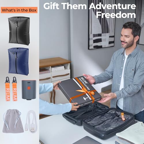 Relime Classic Series Vacuum Bags for Travel Luggage with Wireless Pump, Compression Bags for Carry On Suitcases and Backpack, Vacuum Seal Packing cube for Cloth Packing (2PC + PUMP Gray & Blue) - color: 2PC Gray & Blue