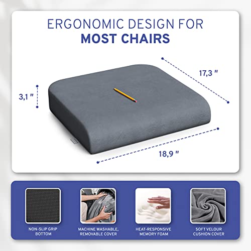 ComfySure Seat Cushion Extra Large - Firm Memory Foam Chair Pad for Recliner, Wheelchair, Office Chair, Stadium, Bleacher, Car, Floor, Patio Furniture, Bariatric Overweight Users 19”x17”x3” - color: Grey