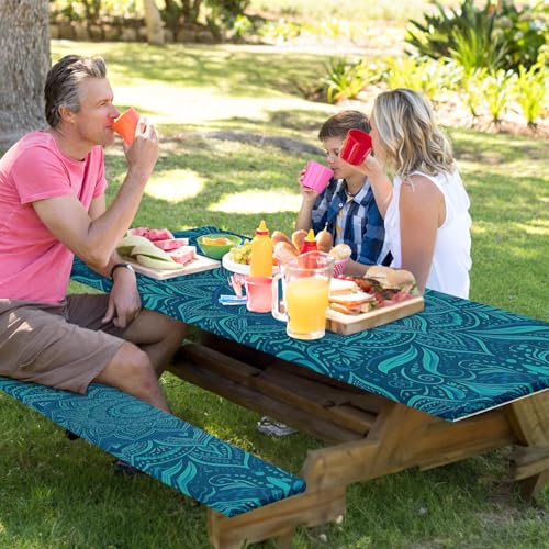 Picnic Table Cover with Bench Covers Elastic Edges, Boho Teal Camper Fitted Table Cover, Outdoor Camping Essentials 72 Inch 3PCS, Waterproof Camping Fitted Tablecloth with Drawstring Bag - color: Boho Teal, size: 72in