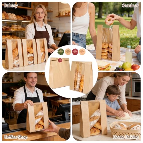 Funcoo 100 Pcs Paper Bread Bags for Homemade Sourdough Bread Bakery Storage Bags with Window, Large Thicker Bakery Loaf Bags for Baked Goods Packaging, Label Seal Sticker Included