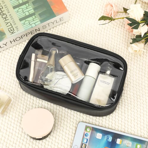 Fammart Clear Makeup Bag with 2 Customizable Chenille Letters - Waterproof PU Leather Cosmetic Case, Large Personalized Toiletry Pouch for Women & Teens, Ideal for Travel & Gift - color: Clear, Large - Black