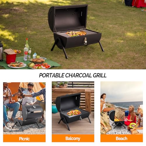 VINGLI Portable Charcoal Grill with Thermometer & Wooden Handle, Multi-functional Metal Compact Tabletop BBQ Outdoor Charcoal Grill for Camping Travel Picnic Patio - style: One-Side