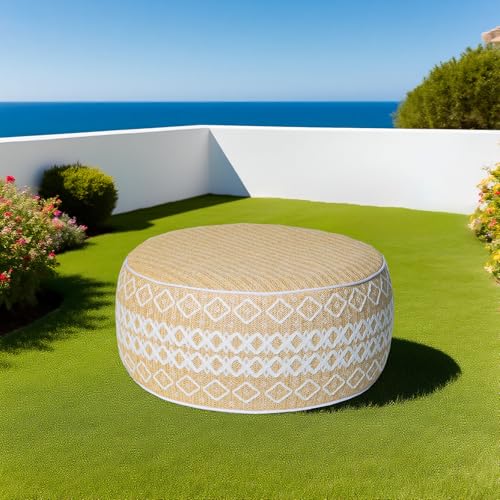 Outdoor Inflatable Ottoman with Air Pump, Embroidery Patio Footrest Stool D21”x H9”, Round Pouf Ottoman with Portable Handle Suitable for Garden, Camping, Bedroom, Living Room - color: White Embroidery