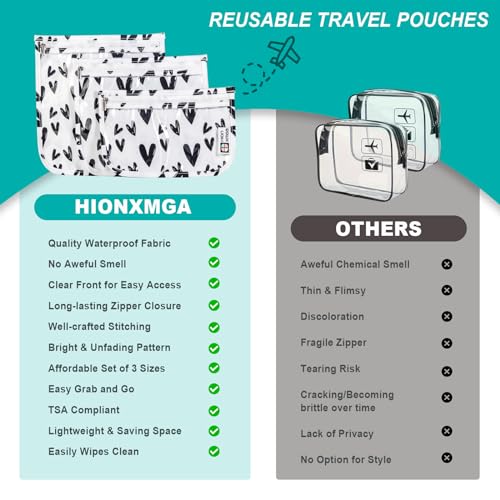 HIONXMGA TSA Approved Toiletry Bag, Set of 3 Clear Travel Toiletry Bag Quart Size Zipper Travel Pouch, Waterproof Makeup Cosmetic Bag for Women Men Kids Toiletries Carry on, Hearts - color: Hearts, Mixed Sizes