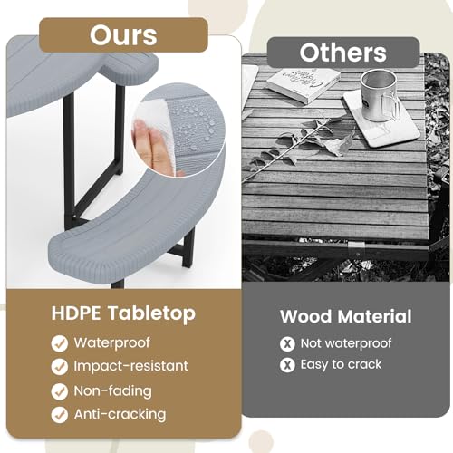 Tangkula 8 Person Picnic Table, HDPE Outdoor Round Table and Bench Set with 4 Built-in Benches, Umbrella Hole, Metal Frame for Garden Yard Patio Lawn - color: Grey