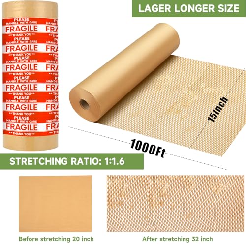 Honeycomb Packing Paper Wrap 15''x12000" (1000 ft), Substitute Alternative for Bubble Cushioning Wrap for Moving Shipping Packaging, Recyclable Moving Supplies with 48 Fragile Sticker Labels - size: 15''x1000'